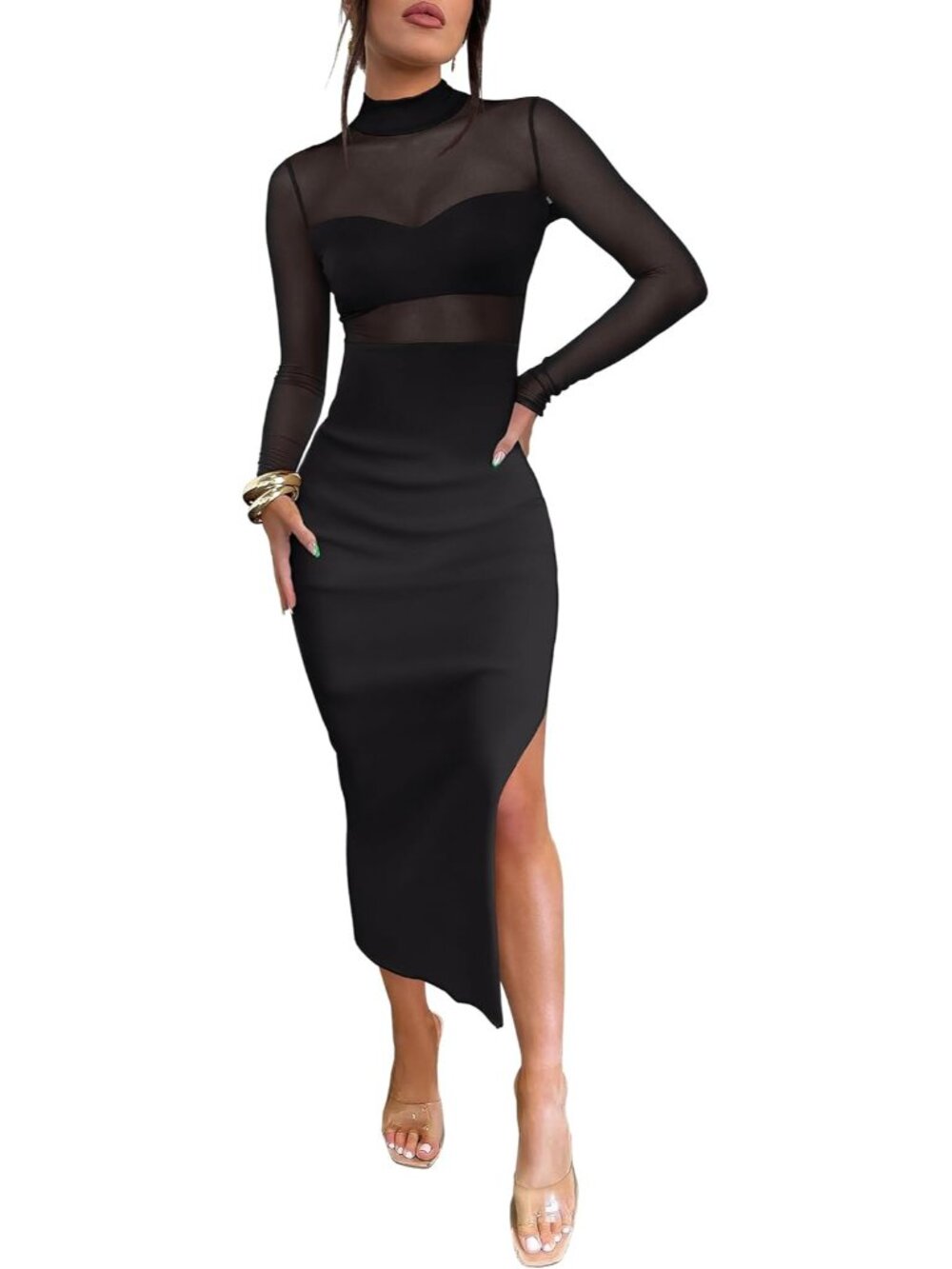 Womens Mesh Dress Long Sleeve Mock Neck Bodycon Sheer Going Out Cocktail Night C
